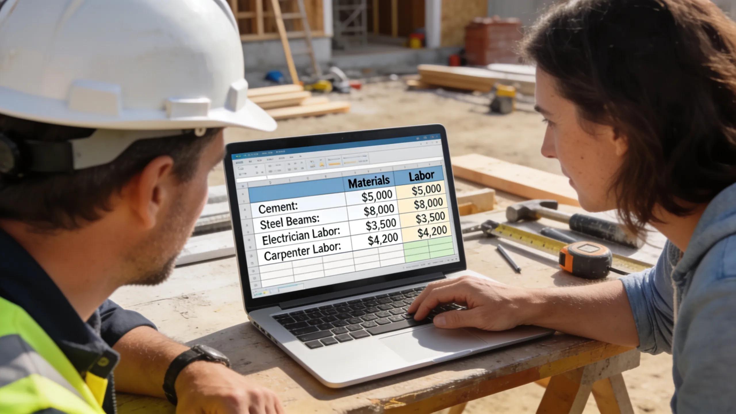 Contractor and homeowner reviewing a line-item construction budget spreadsheet