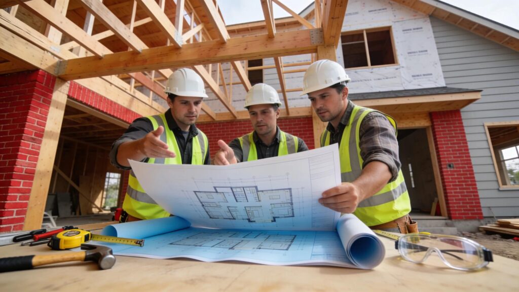 Construction crew reviewing blueprints for custom home building in Denver, CO.