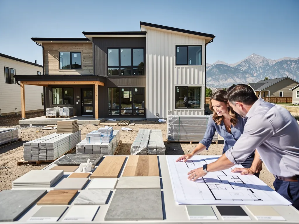 Couple reviewing custom home plans and material samples during Denver construction.