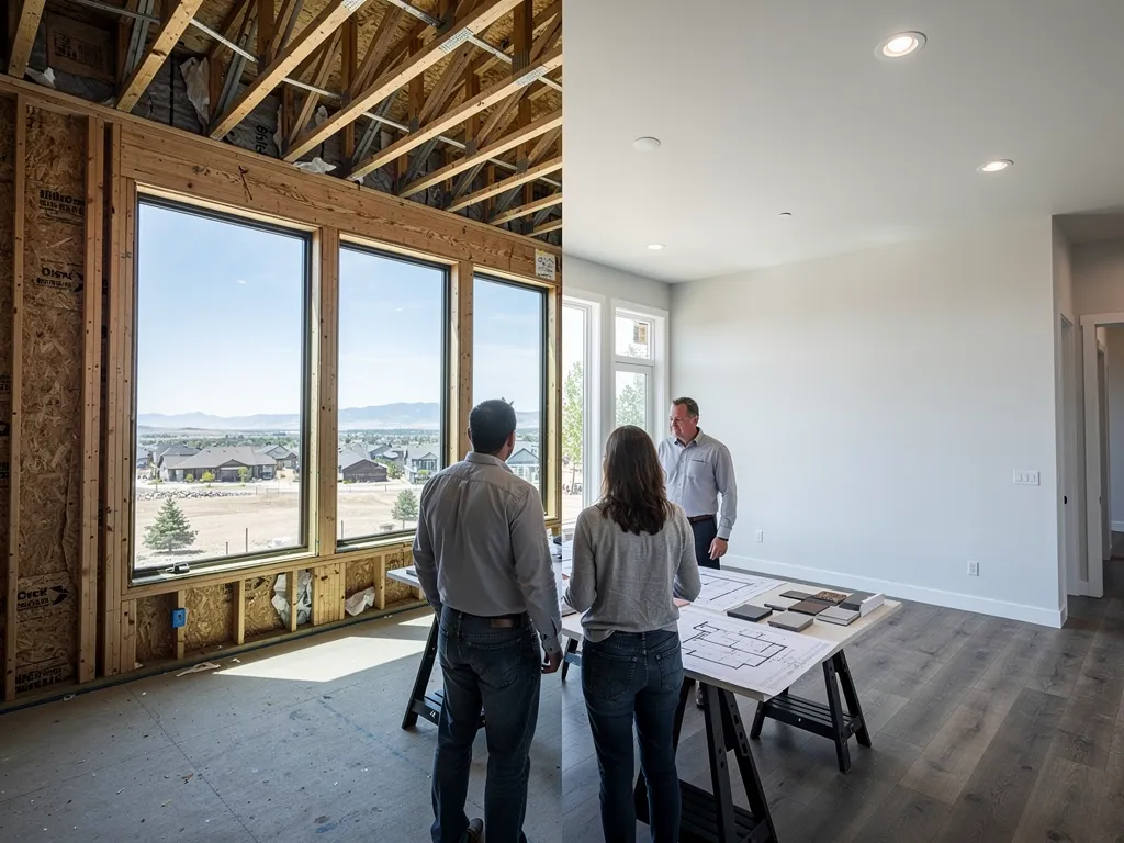 Custom home construction in Denver, CO; clients reviewing shell costs and design plans with builder.