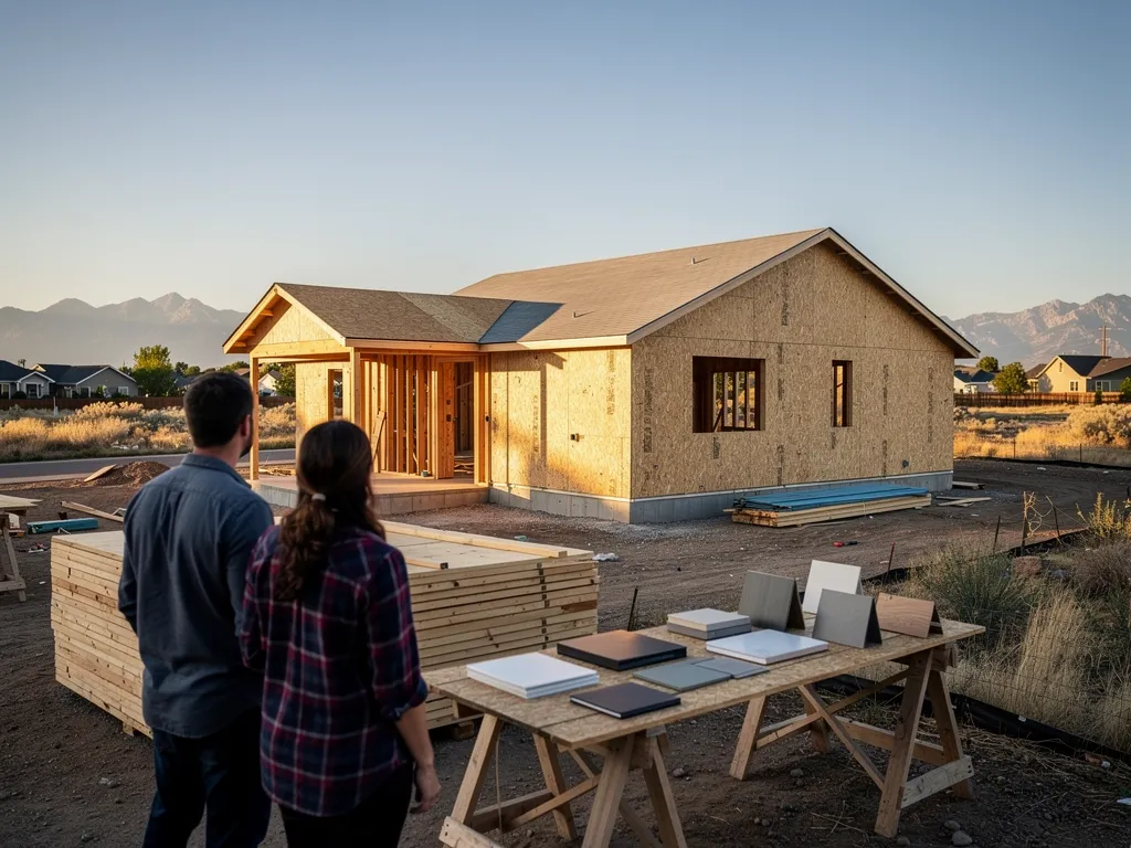 Couple viewing custom home construction in Denver, Colorado, discussing budget and design choices.