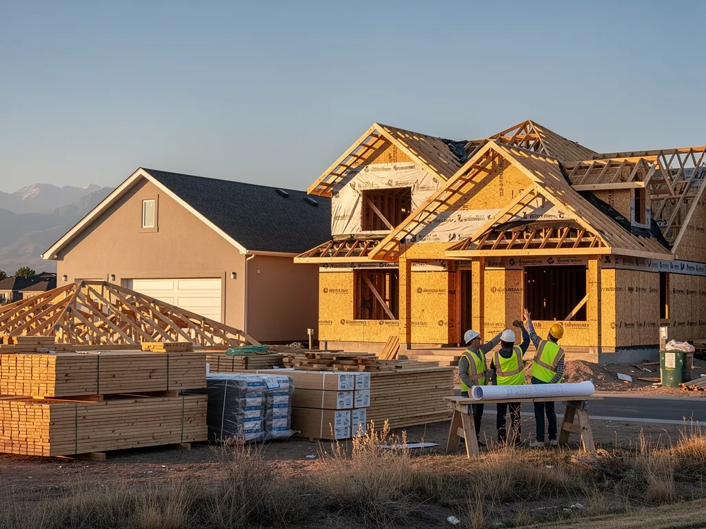 Custom home construction in Denver, Colorado, with builders reviewing plans and simplified roofline design.