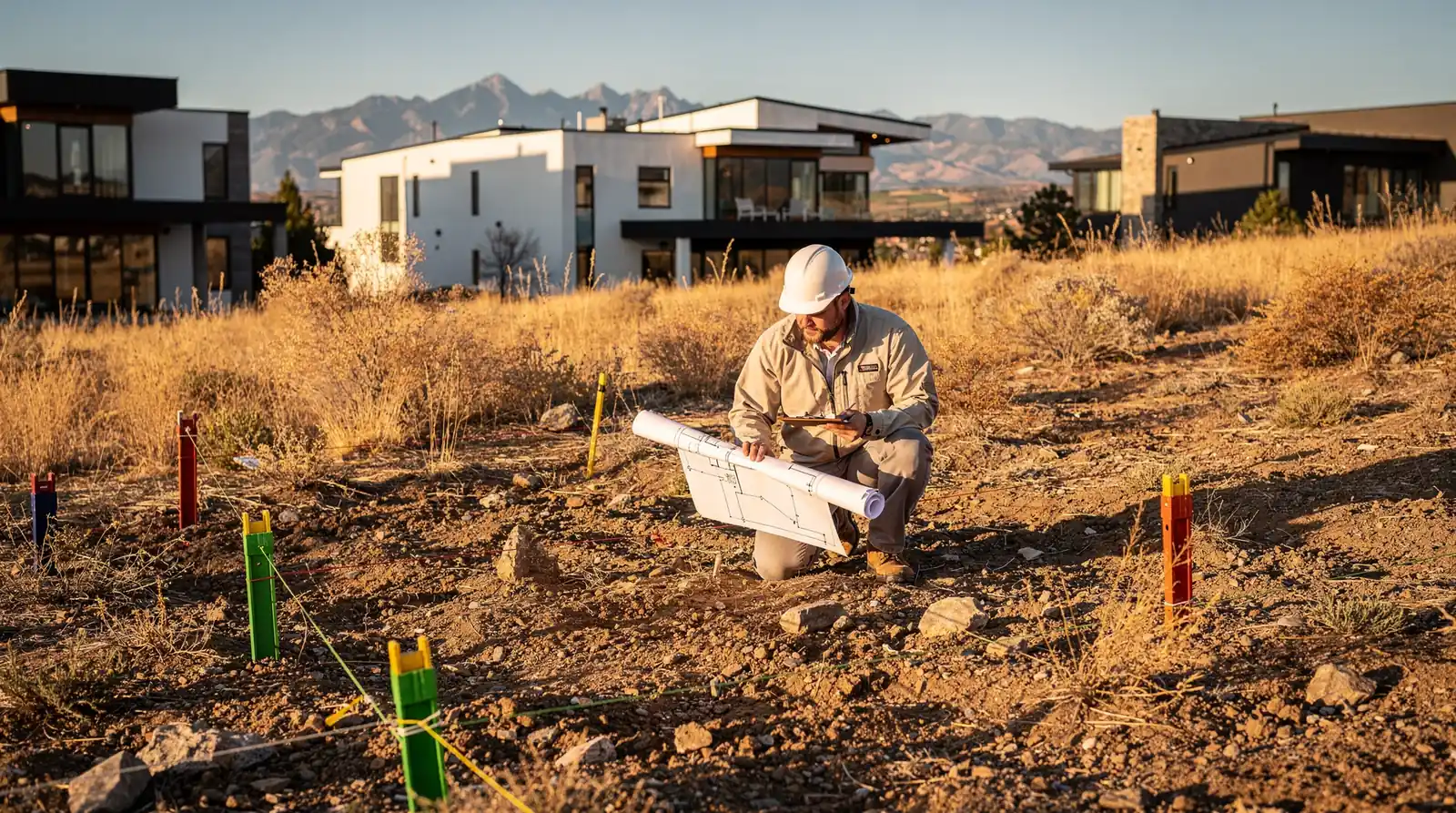 Builder reviewing site plans and lot assessment for custom home construction in Denver, CO.