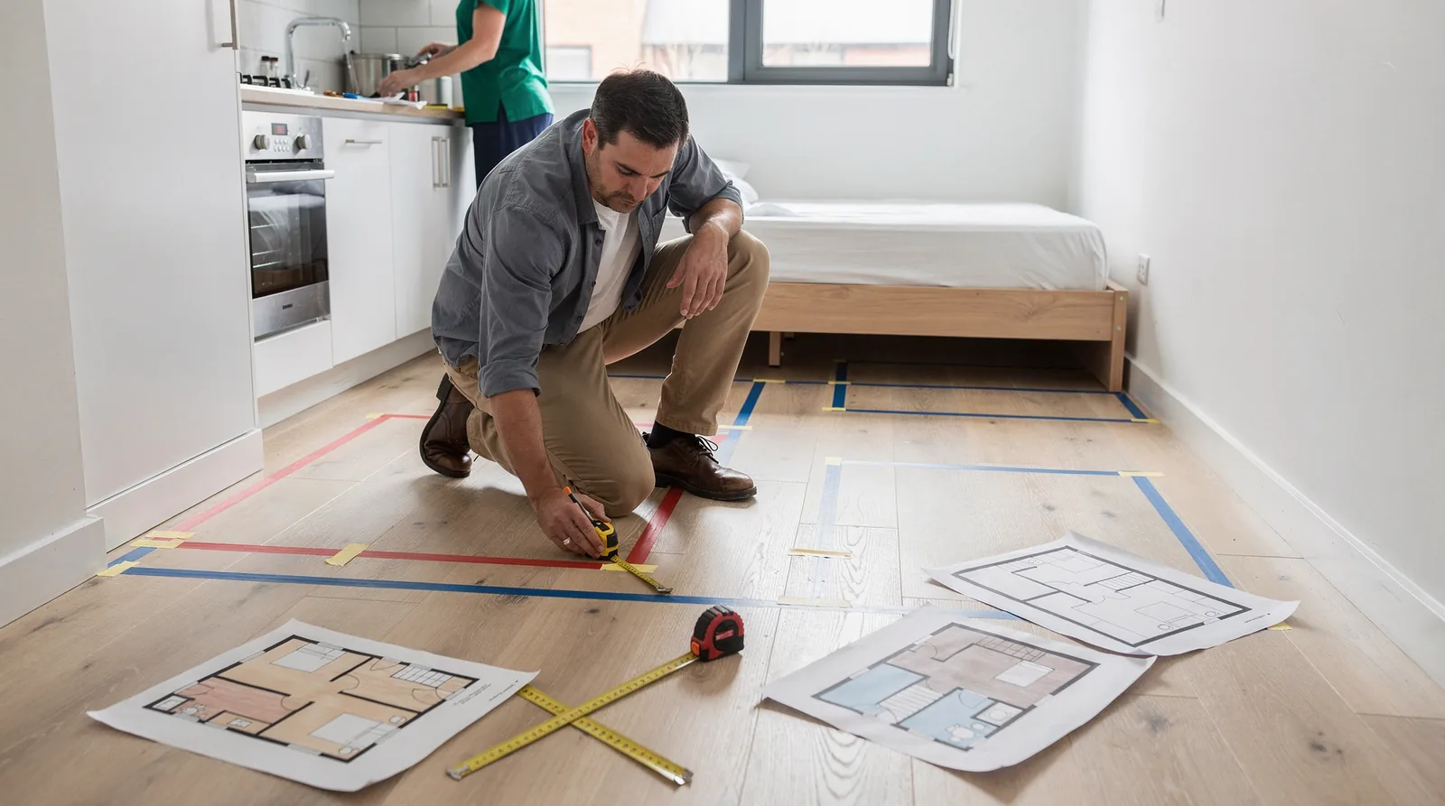 Man measuring floor plan layout with tape measure, optimizing Denver custom home design for cost