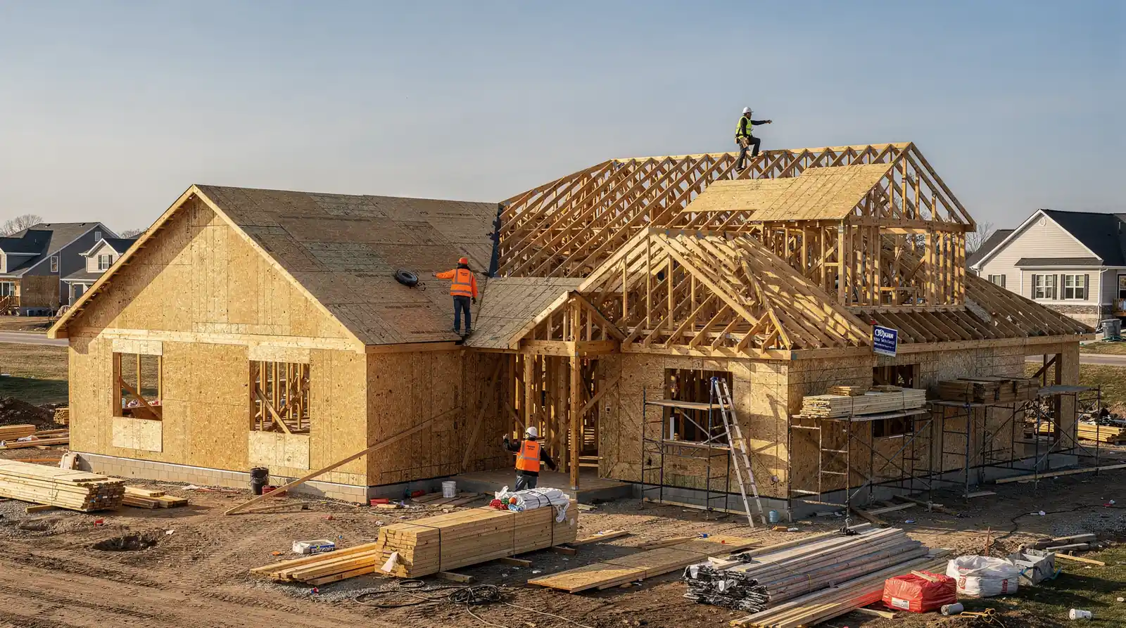 Custom home construction in Denver, CO, showing roofline framing and multiple workers.